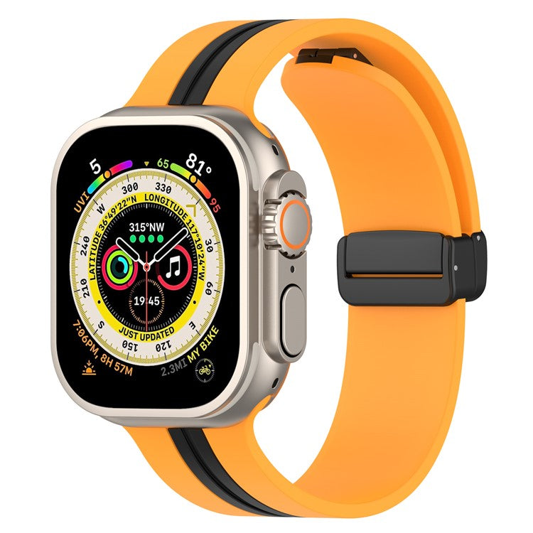 Waxy Cowhide Leather Watchband for Apple Watch Series 10 42mm / 9 8 7 41mm / SE (2023) SE (2022) SE 6 5 4 40mm / 3 2 1 38mm Bi-Color Silicone Strap Magnetic Buckle - Yellow / Black