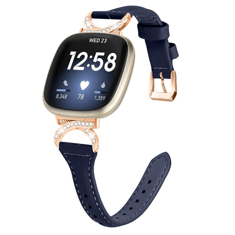 Genuine Cowhide Leather Watch Band for Fitbit Versa 3 / Versa 4 / Sense / Sense 2 , Rhinestone Decor Wristband Strap with Rose Gold Buckle - Ink Blue