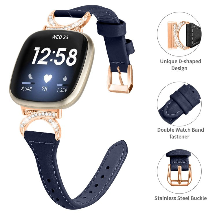 Genuine Cowhide Leather Watch Band for Fitbit Versa 3 / Versa 4 / Sense / Sense 2 , Rhinestone Decor Wristband Strap with Rose Gold Buckle - Ink Blue