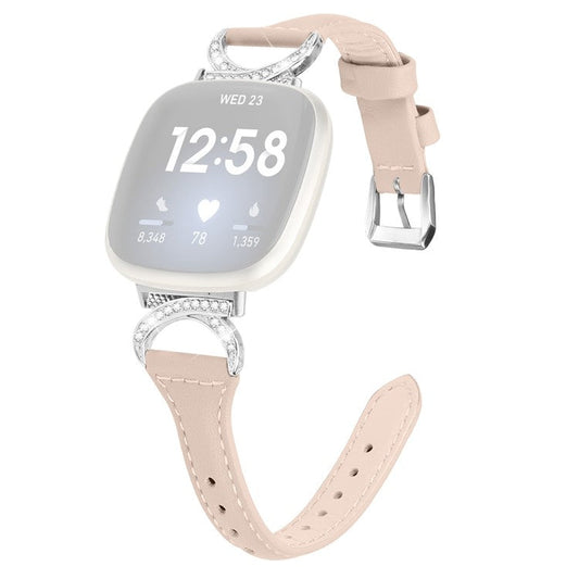 For Fitbit Versa 3 / Versa 4 / Sense / Sense 2 Watch Band Rhinestone Genuine Cowhide Leather Strap with Silver Buckle - Apricot