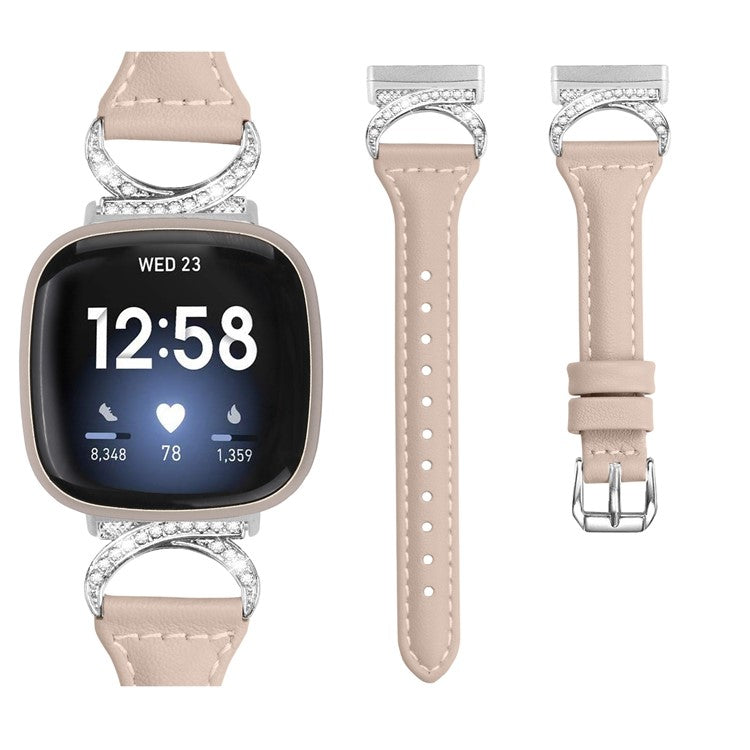 For Fitbit Versa 3 / Versa 4 / Sense / Sense 2 Watch Band Rhinestone Genuine Cowhide Leather Strap with Silver Buckle - Apricot