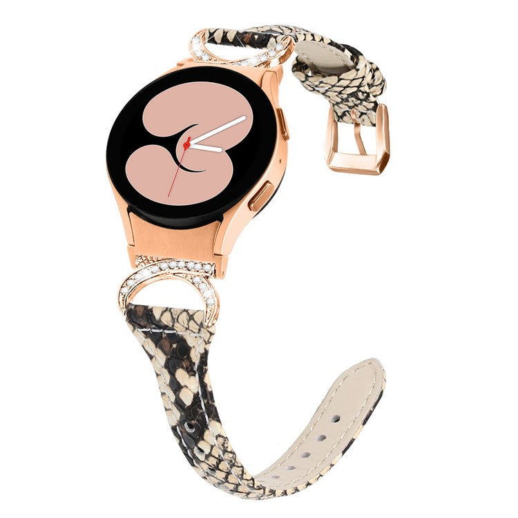 For Samsung Galaxy Watch6 40mm 44mm / Watch6 Classic 43mm 47mm / Watch 5 40mm 44mm / Watch4 40mm 44mm Leather Watch Band Rhinestone Wrist Strap with Rose Gold Buckle - Snake Pattern