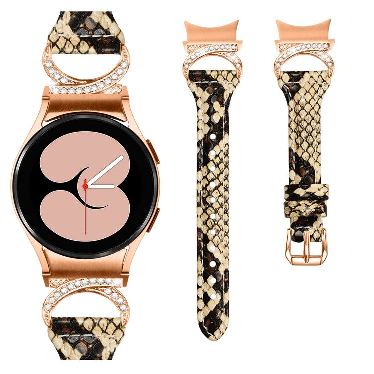 For Samsung Galaxy Watch6 40mm 44mm / Watch6 Classic 43mm 47mm / Watch 5 40mm 44mm / Watch4 40mm 44mm Leather Watch Band Rhinestone Wrist Strap with Rose Gold Buckle - Snake Pattern