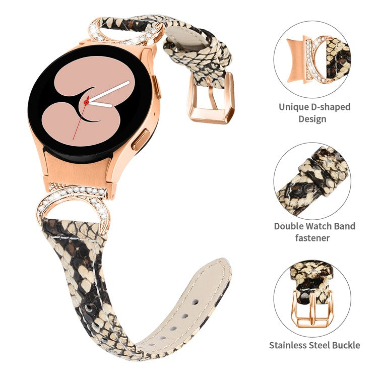 For Samsung Galaxy Watch6 40mm 44mm / Watch6 Classic 43mm 47mm / Watch 5 40mm 44mm / Watch4 40mm 44mm Leather Watch Band Rhinestone Wrist Strap with Rose Gold Buckle - Snake Pattern