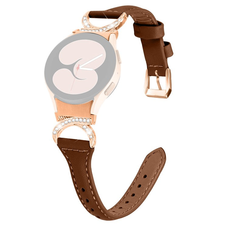 For Samsung Galaxy Watch6 40mm 44mm / Watch6 Classic 43mm 47mm / Watch 5 40mm 44mm / Watch4 40mm 44mm Leather Watch Band Rhinestone Wrist Strap with Rose Gold Buckle - Brown