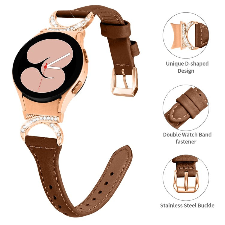 For Samsung Galaxy Watch6 40mm 44mm / Watch6 Classic 43mm 47mm / Watch 5 40mm 44mm / Watch4 40mm 44mm Leather Watch Band Rhinestone Wrist Strap with Rose Gold Buckle - Brown