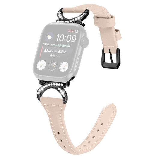Genuine Cowhide Leather Watch Band for Apple Watch Series 10 42mm / 9 8 7 41mm / SE (2023) SE (2022) SE 6 5 4 40mm / 3 2 1 38mm Rhinestone Decor Strap with Black Buckle - Apricot