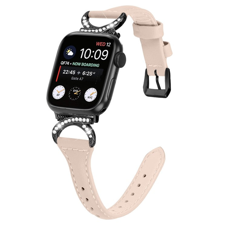 Genuine Cowhide Leather Watch Band for Apple Watch Series 10 42mm / 9 8 7 41mm / SE (2023) SE (2022) SE 6 5 4 40mm / 3 2 1 38mm Rhinestone Decor Strap with Black Buckle - Apricot