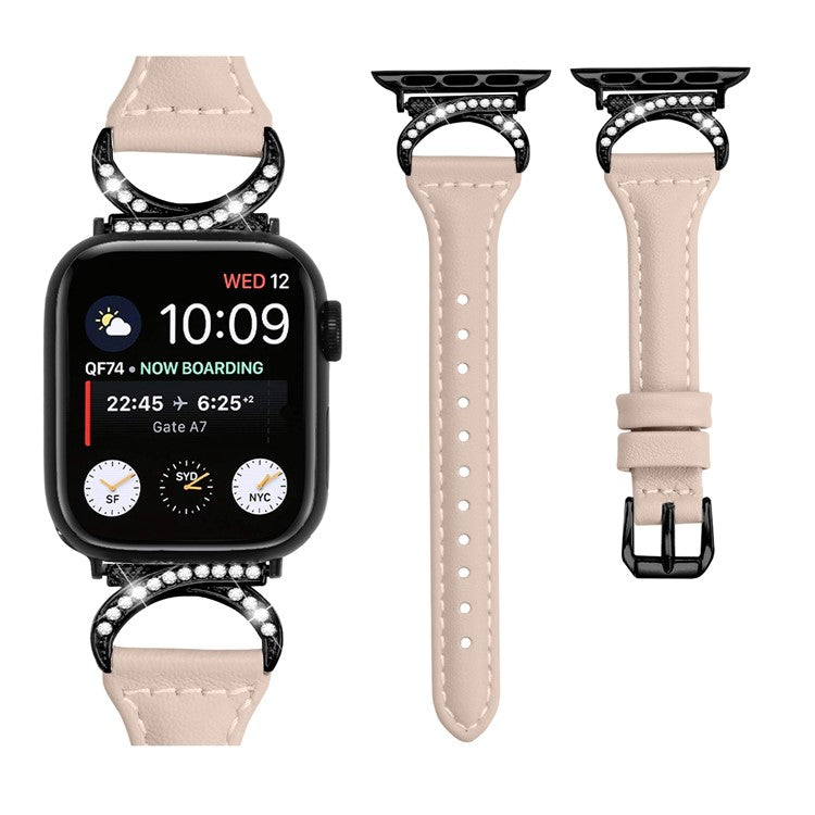 Genuine Cowhide Leather Watch Band for Apple Watch Series 10 42mm / 9 8 7 41mm / SE (2023) SE (2022) SE 6 5 4 40mm / 3 2 1 38mm Rhinestone Decor Strap with Black Buckle - Apricot