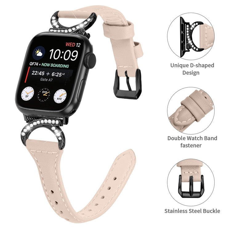 Genuine Cowhide Leather Watch Band for Apple Watch Series 10 42mm / 9 8 7 41mm / SE (2023) SE (2022) SE 6 5 4 40mm / 3 2 1 38mm Rhinestone Decor Strap with Black Buckle - Apricot