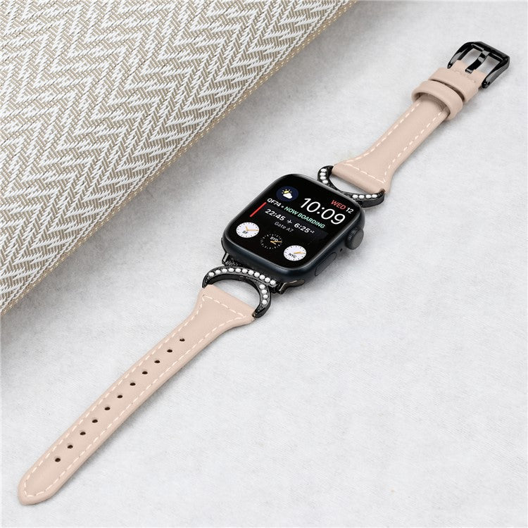 Genuine Cowhide Leather Watch Band for Apple Watch Series 10 42mm / 9 8 7 41mm / SE (2023) SE (2022) SE 6 5 4 40mm / 3 2 1 38mm Rhinestone Decor Strap with Black Buckle - Apricot