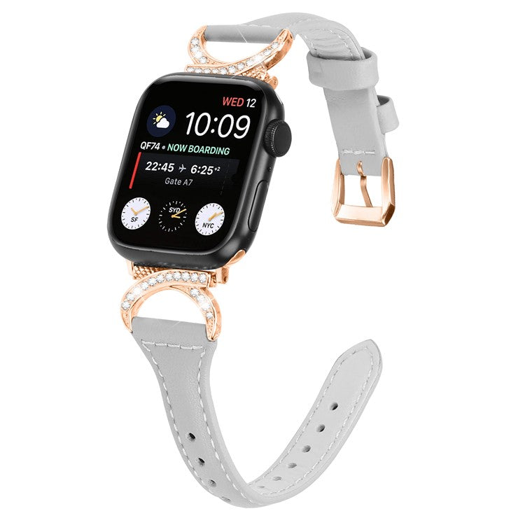 Band for Apple Watch Series 10 46mm / Ultra 2 Ultra 49mm /  Series 9 8 7 45mm / 6 5 4 SE (2023) SE (2022) SE 44mm / 3 2 1 42mm Genuine Cowhide Leather Watch Strap with Rose Gold Buckle - Grey