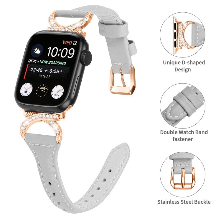 Band for Apple Watch Series 10 46mm / Ultra 2 Ultra 49mm /  Series 9 8 7 45mm / 6 5 4 SE (2023) SE (2022) SE 44mm / 3 2 1 42mm Genuine Cowhide Leather Watch Strap with Rose Gold Buckle - Grey