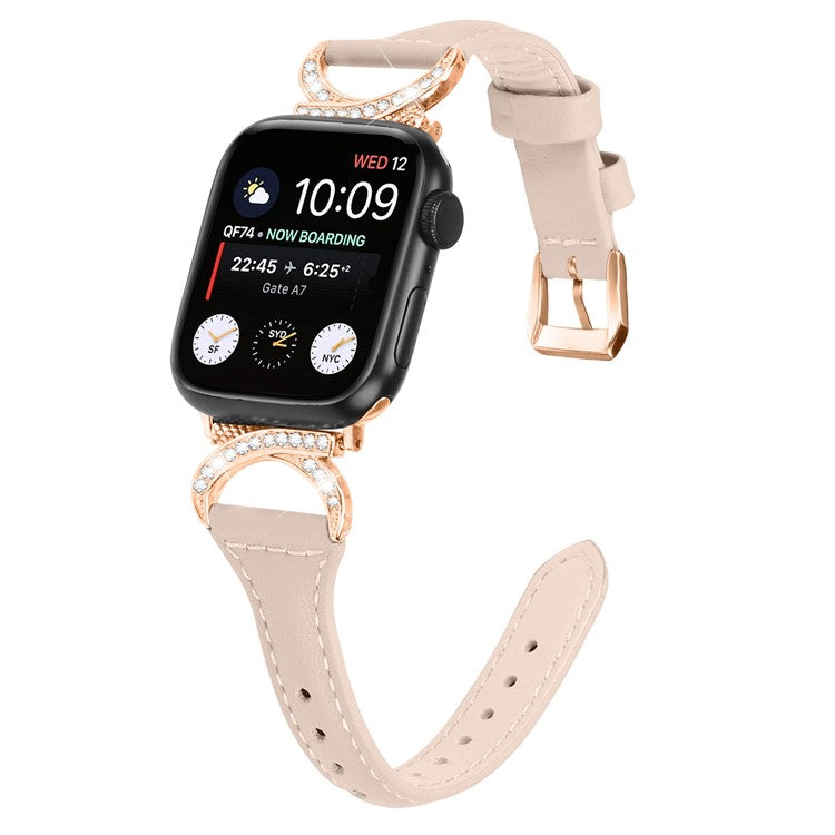 Band for Apple Watch Series 10 46mm / Ultra 2 Ultra 49mm /  Series 9 8 7 45mm / 6 5 4 SE (2023) SE (2022) SE 44mm / 3 2 1 42mm Genuine Cowhide Leather Watch Strap with Rose Gold Buckle - Apricot