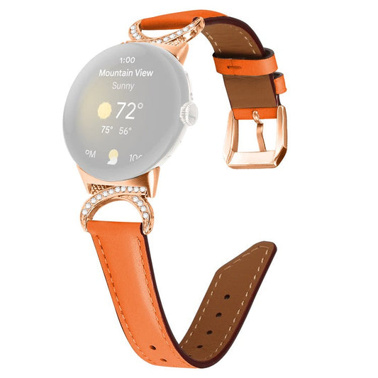 For Google Pixel Watch 2 / Pixel Watch Wrist Band Rhinestone Decor D-shape Connector Split Leather Strap with Rose Gold Buckle - Orange