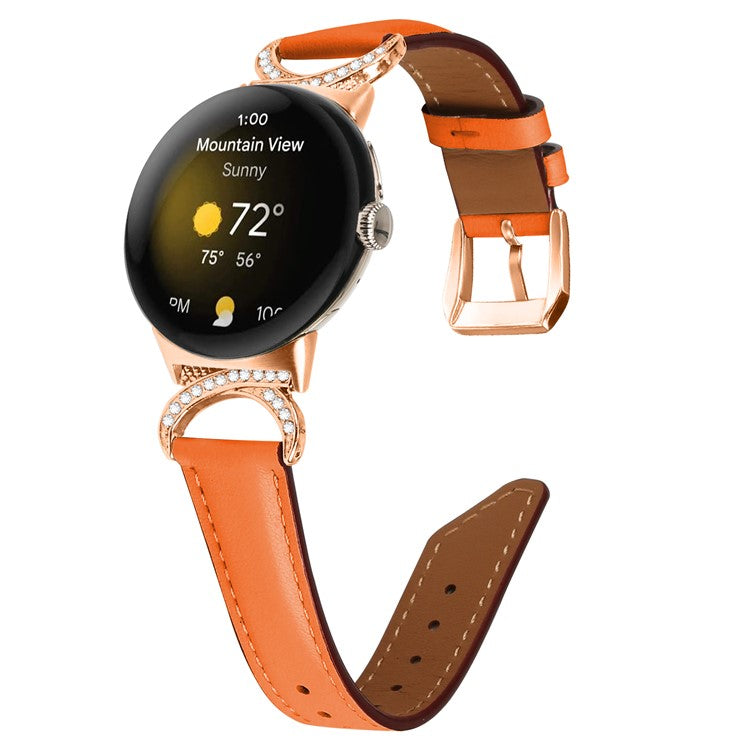 For Google Pixel Watch 2 / Pixel Watch Wrist Band Rhinestone Decor D-shape Connector Split Leather Strap with Rose Gold Buckle - Orange