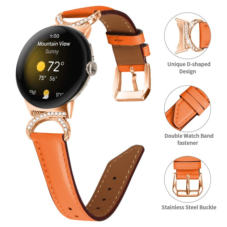 For Google Pixel Watch 2 / Pixel Watch Wrist Band Rhinestone Decor D-shape Connector Split Leather Strap with Rose Gold Buckle - Orange