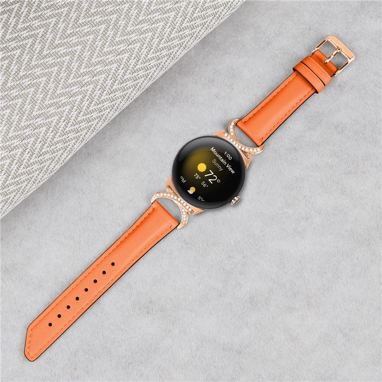 For Google Pixel Watch 2 / Pixel Watch Wrist Band Rhinestone Decor D-shape Connector Split Leather Strap with Rose Gold Buckle - Orange