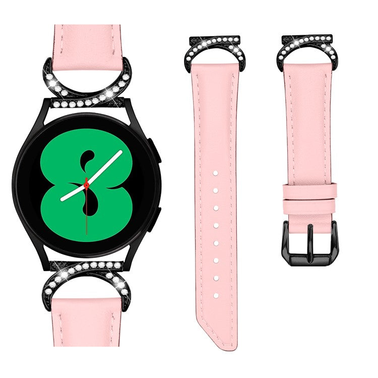 For Samsung Galaxy Watch 3 41mm / Watch 5 40mm / 44mm Replacement Wrist Band 20mm Rhinestone D-shape Connector Split Leather Strap with Black Buckle - Pink