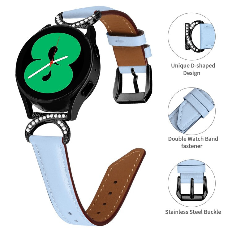 For Samsung Galaxy Watch 3 41mm / Watch 5 40mm / 44mm Replacement Wrist Band 20mm Rhinestone D-shape Connector Split Leather Strap with Black Buckle - Blue
