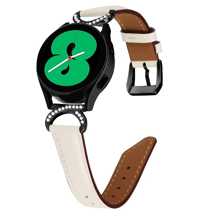 For Samsung Galaxy Watch 3 41mm / Watch 5 40mm / 44mm Replacement Wrist Band 20mm Rhinestone D-shape Connector Split Leather Strap with Black Buckle - Apricot