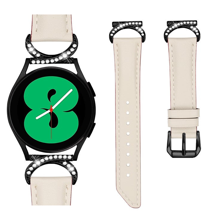 For Samsung Galaxy Watch 3 41mm / Watch 5 40mm / 44mm Replacement Wrist Band 20mm Rhinestone D-shape Connector Split Leather Strap with Black Buckle - Apricot