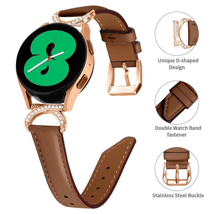 For Samsung Galaxy Watch 3 41mm / Watch 5 40mm / 44mm Split Leather Strap 20mm Rhinestone D-shape Connector Wrist Band with Rose Gold Buckle - Brown