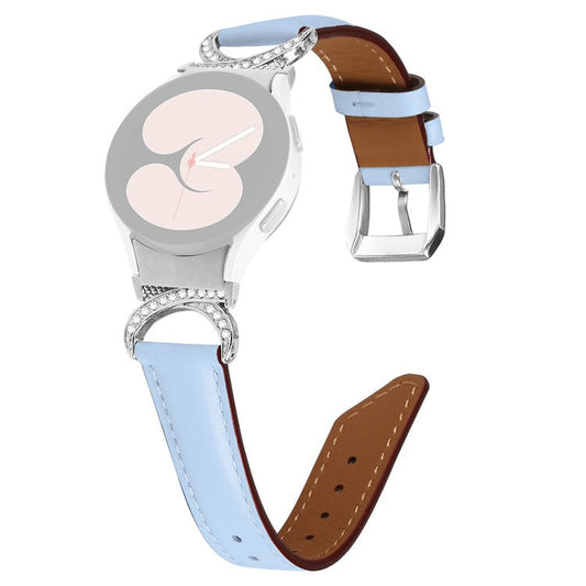 For Samsung Galaxy Watch6 40mm 44mm / Watch6 Classic 43mm 47mm / Watch 5 40mm 44mm / Watch4 40mm 44mm Replacement Split Leather Strap Rhinestone D-shape Connector Wrist Band with Silver Buckle - Blue