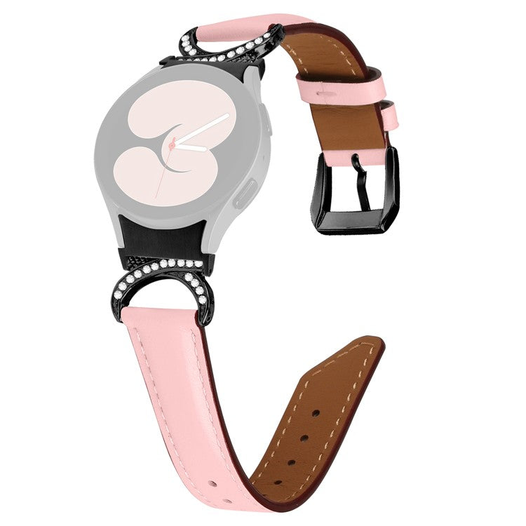 For Samsung Galaxy Watch6 40mm 44mm / Watch6 Classic 43mm 47mm / Watch 5 40mm 44mm / Watch4 40mm 44mm Split Leather Strap Rhinestone D-shape Connector Replacement Band with Black Buckle - Pink