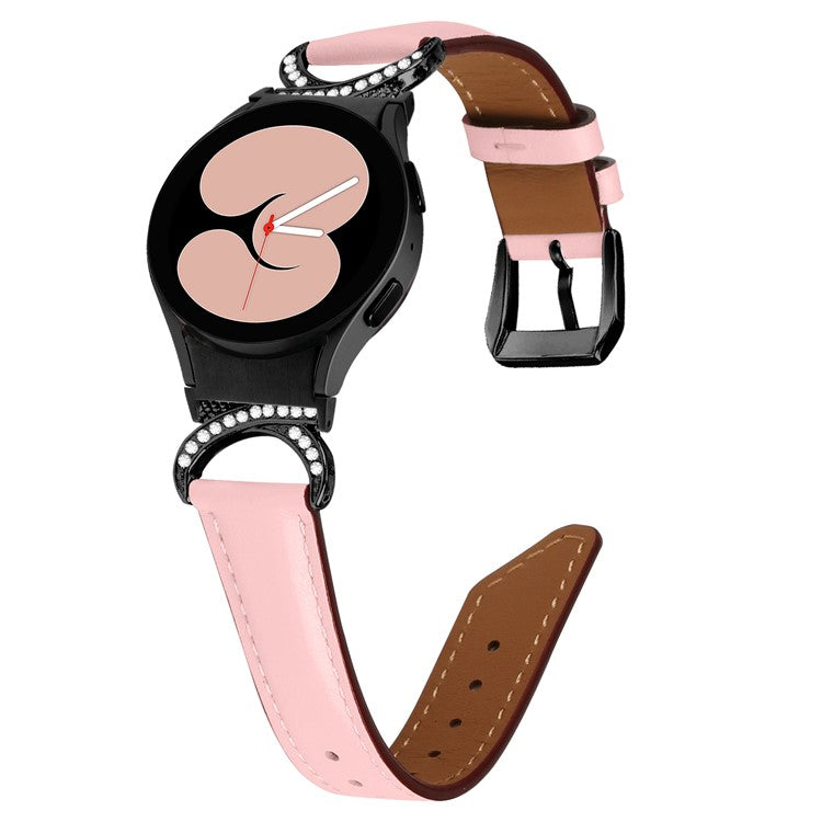 For Samsung Galaxy Watch6 40mm 44mm / Watch6 Classic 43mm 47mm / Watch 5 40mm 44mm / Watch4 40mm 44mm Split Leather Strap Rhinestone D-shape Connector Replacement Band with Black Buckle - Pink