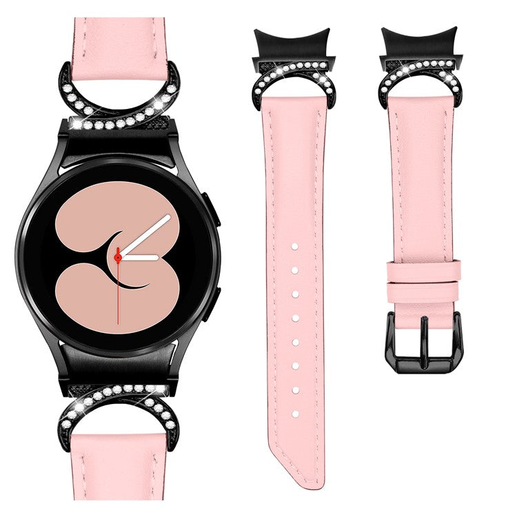For Samsung Galaxy Watch6 40mm 44mm / Watch6 Classic 43mm 47mm / Watch 5 40mm 44mm / Watch4 40mm 44mm Split Leather Strap Rhinestone D-shape Connector Replacement Band with Black Buckle - Pink