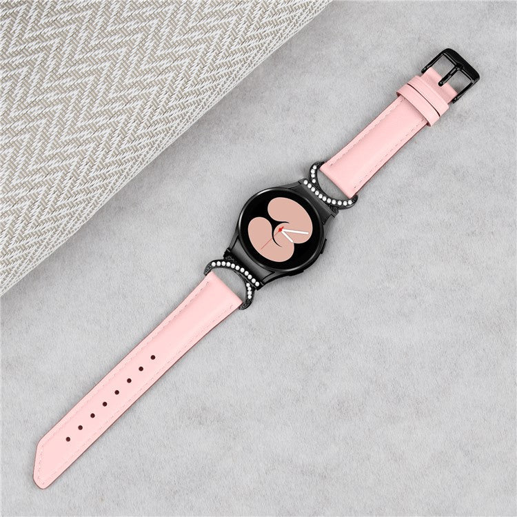 For Samsung Galaxy Watch6 40mm 44mm / Watch6 Classic 43mm 47mm / Watch 5 40mm 44mm / Watch4 40mm 44mm Split Leather Strap Rhinestone D-shape Connector Replacement Band with Black Buckle - Pink