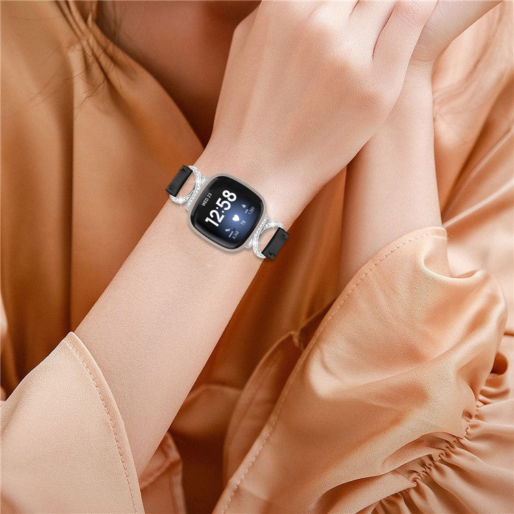 For Fitbit Versa 3 / Versa 4 / Sense / Sense 2 Rhinestone D-shape Connector Wrist Band Split Leather Watch Strap with Silver Buckle - Black