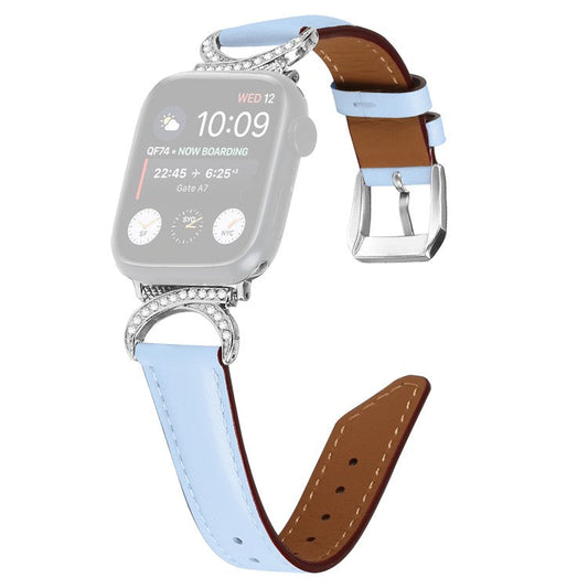 Genuine Cowhide Leather Watch Band for Apple Watch Series 10 42mm / 9 8 7 41mm / SE (2023) SE (2022) SE 6 5 4 40mm / 3 2 1 38mm  Rhinestone Decor Strap Bracelet Strap with Silver Buckle - Blue