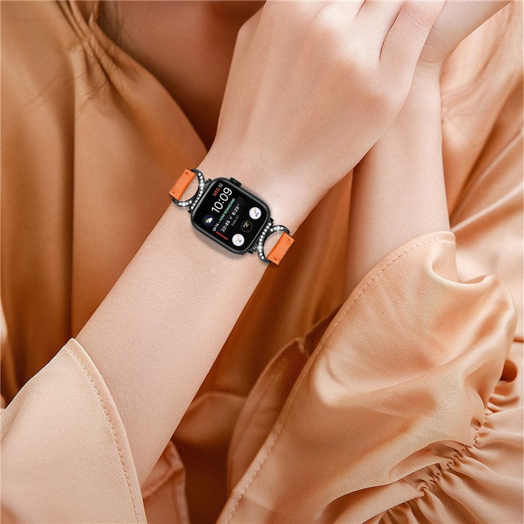 Genuine Cowhide Leather Band for Apple Watch Series 10 42mm / 9 8 7 41mm / SE (2023) SE (2022) SE 6 5 4 40mm / 3 2 1 38mm Rhinestone Decor Watch Strap with Black Buckle - Orange