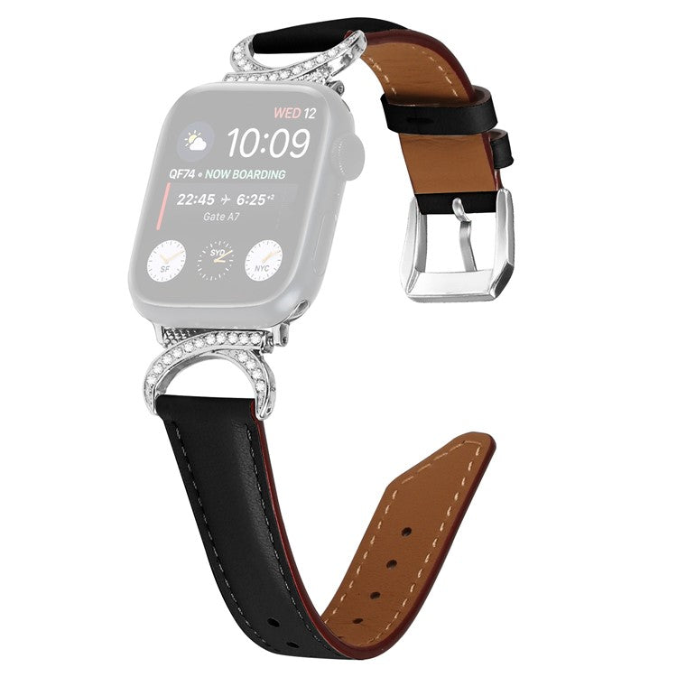 Watch Band for Apple Watch Series 10 46mm / Ultra 2 Ultra 49mm /  Series 9 8 7 45mm / 6 5 4 SE (2023) SE (2022) SE 44mm / 3 2 1 42mm Genuine Cowhide Leather Rhinestone Strap with Silver Buckle - Black