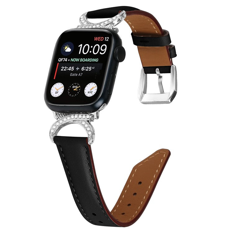 Watch Band for Apple Watch Series 10 46mm / Ultra 2 Ultra 49mm /  Series 9 8 7 45mm / 6 5 4 SE (2023) SE (2022) SE 44mm / 3 2 1 42mm Genuine Cowhide Leather Rhinestone Strap with Silver Buckle - Black