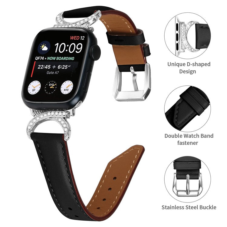 Watch Band for Apple Watch Series 10 46mm / Ultra 2 Ultra 49mm /  Series 9 8 7 45mm / 6 5 4 SE (2023) SE (2022) SE 44mm / 3 2 1 42mm Genuine Cowhide Leather Rhinestone Strap with Silver Buckle - Black