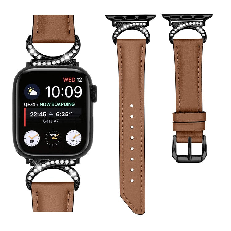 Genuine Cowhide Leather Wristband for Apple Watch Series 10 46mm / Ultra 2 Ultra 49mm /  Series 9 8 7 45mm / 6 5 4 SE (2023) SE (2022) SE 44mm / 3 2 1 42mm Rhinestone Strap with Black Buckle - Brown