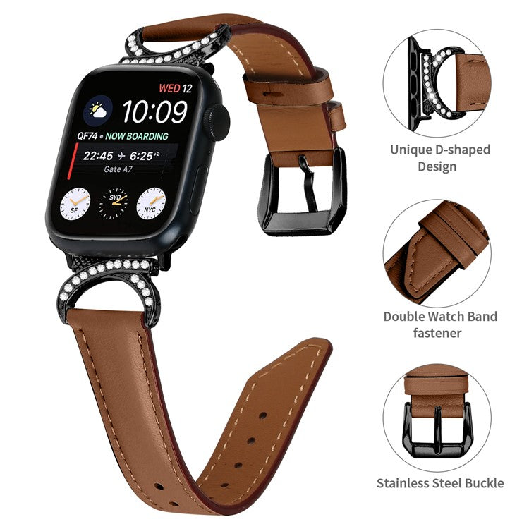 Genuine Cowhide Leather Wristband for Apple Watch Series 10 46mm / Ultra 2 Ultra 49mm /  Series 9 8 7 45mm / 6 5 4 SE (2023) SE (2022) SE 44mm / 3 2 1 42mm Rhinestone Strap with Black Buckle - Brown