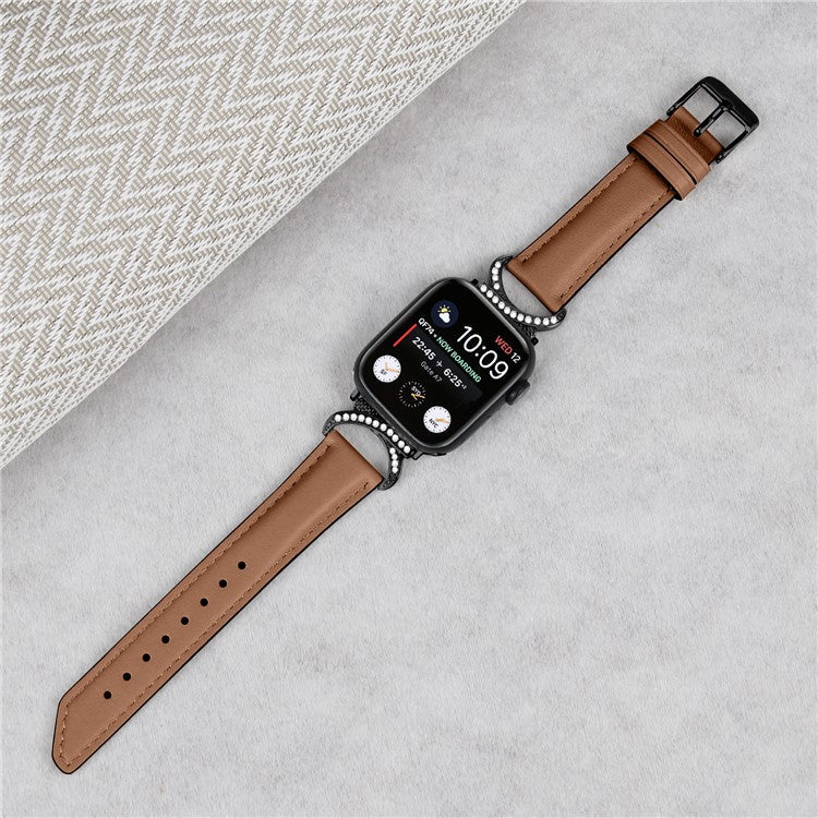 Genuine Cowhide Leather Wristband for Apple Watch Series 10 46mm / Ultra 2 Ultra 49mm /  Series 9 8 7 45mm / 6 5 4 SE (2023) SE (2022) SE 44mm / 3 2 1 42mm Rhinestone Strap with Black Buckle - Brown