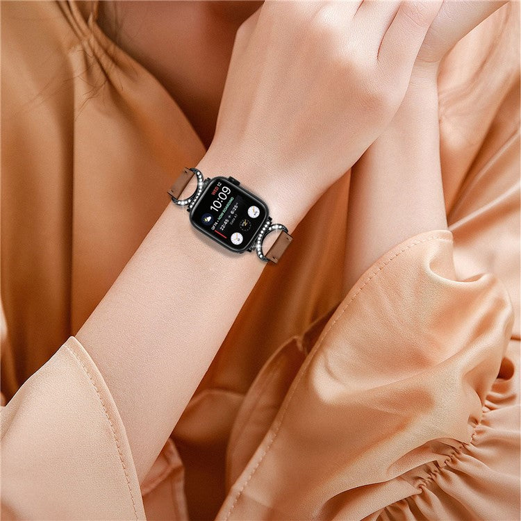 Genuine Cowhide Leather Wristband for Apple Watch Series 10 46mm / Ultra 2 Ultra 49mm /  Series 9 8 7 45mm / 6 5 4 SE (2023) SE (2022) SE 44mm / 3 2 1 42mm Rhinestone Strap with Black Buckle - Brown