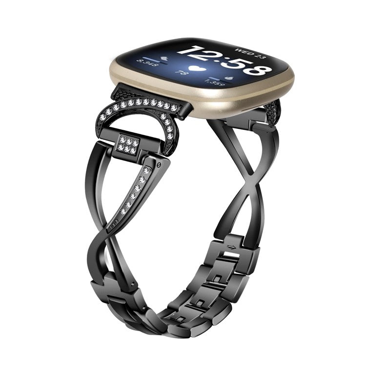 Alloy Watch Band for Fitbit Versa 3 / Versa 4 / Sense 2 , Rhinestones Decor Strap Stylish Bling Bracelet - Black