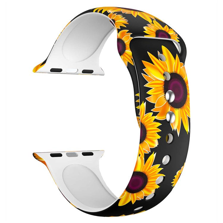 M Size for Apple Watch Series 10 46mm / Ultra 2 Ultra 49mm /  Series 9 8 7 45mm / 6 5 4 SE (2023) SE (2022) SE 44mm / 3 2 1 42mm Pattern Printed Adjustable Band Silicone Watch Strap - Sunflower