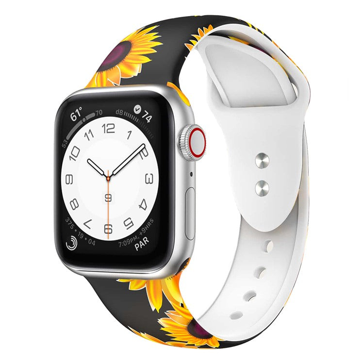 M Size for Apple Watch Series 10 46mm / Ultra 2 Ultra 49mm /  Series 9 8 7 45mm / 6 5 4 SE (2023) SE (2022) SE 44mm / 3 2 1 42mm Pattern Printed Adjustable Band Silicone Watch Strap - Sunflower