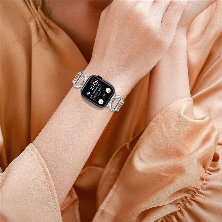 Watch Band for Apple Watch Series 10 42mm / 9 8 7 41mm / SE (2023) SE (2022) SE 6 5 4 40mm / 3 2 1 38mm Stainless Steel Rhinestone Decor 5-Bead Strap - Silver+Rose Gold