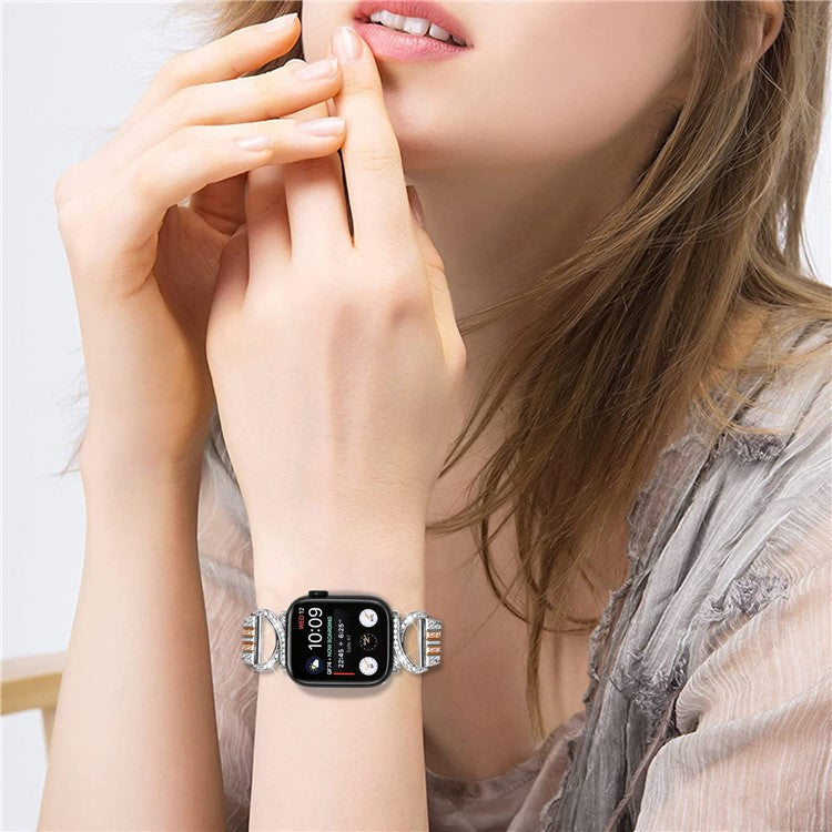 Watch Band for Apple Watch Series 10 42mm / 9 8 7 41mm / SE (2023) SE (2022) SE 6 5 4 40mm / 3 2 1 38mm Stainless Steel Rhinestone Decor 5-Bead Strap - Silver+Rose Gold