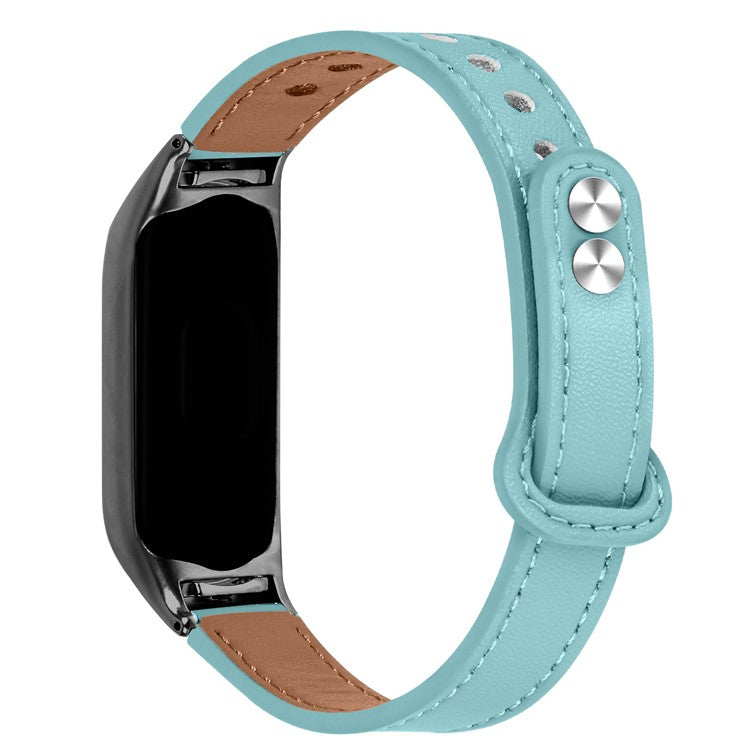 For Xiaomi Smart Band 8 Genuine Cowhide Leather Watch Band Rivets Wrist Strap with Black Watch Case - Blue