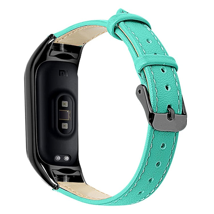 For Xiaomi Smart Band 8 Genuine Cowhide Leather Band Watch Straps with Black Watch Case - Teal Green