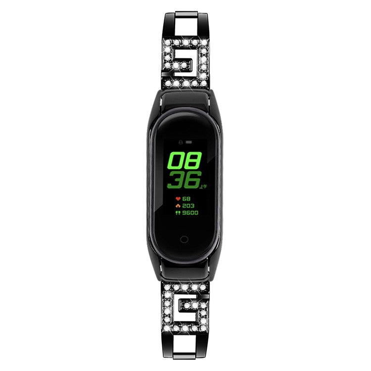 For Xiaomi Smart Band 9 NFC / 9 / 8 NFC / 8 G Letter Rhinestones Decor Watch Strap Stainless Steel Wrist Band - Black